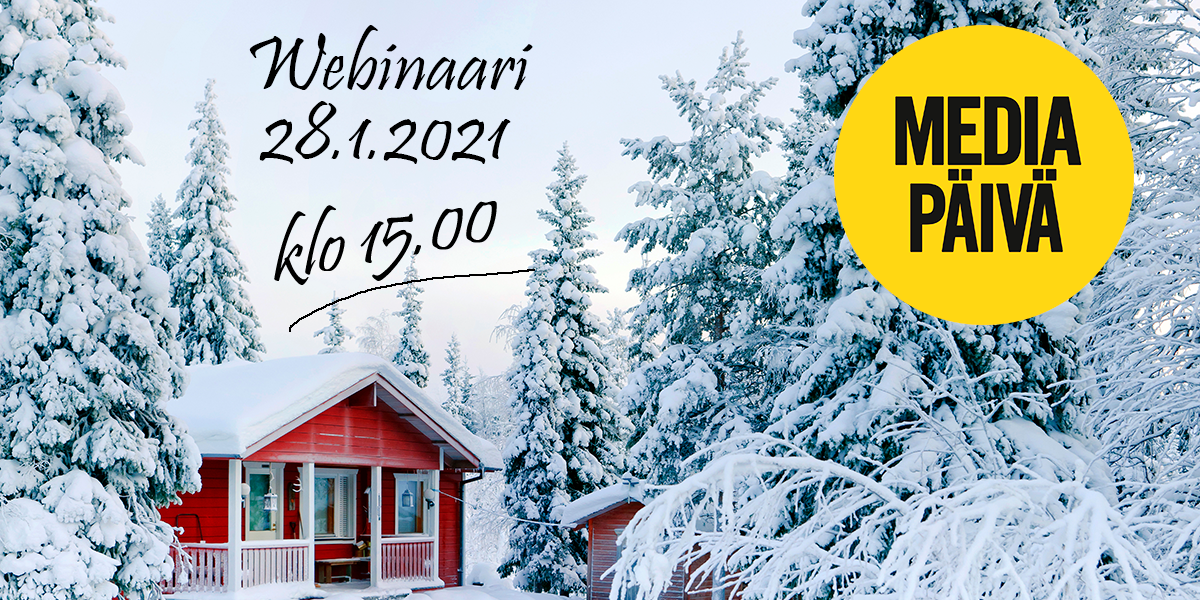 Punainen mökki talvimaisemassa sekä teksti webinaari 28.1.2021 klo 15.00.